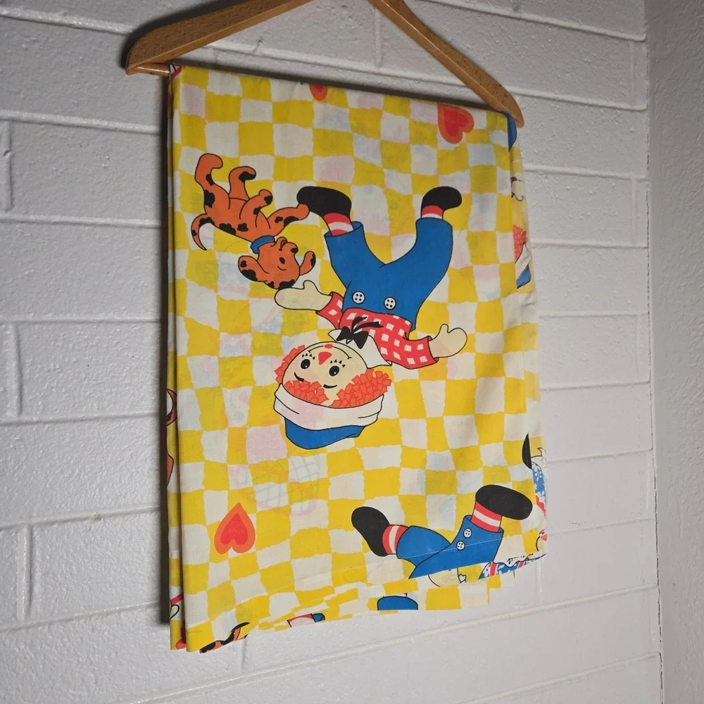 Vtg Bobbs-Merrill Raggedy Ann Andy Queen Flat Sheet Yellow Checkerboard 65x94